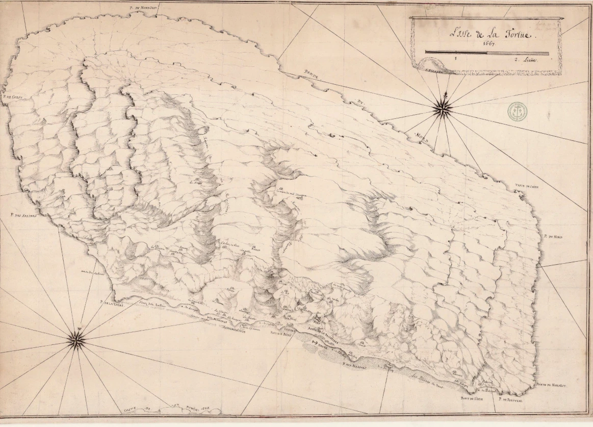 Остров Тортуга и его укрепления на карте Франсуа Блонделя, 1667 год. Национальная библиотека Франции.
